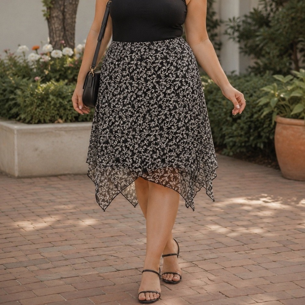 R&K Originals Womens Black White Leaf Print Handkerchief Hem Midi Skirt Size 12